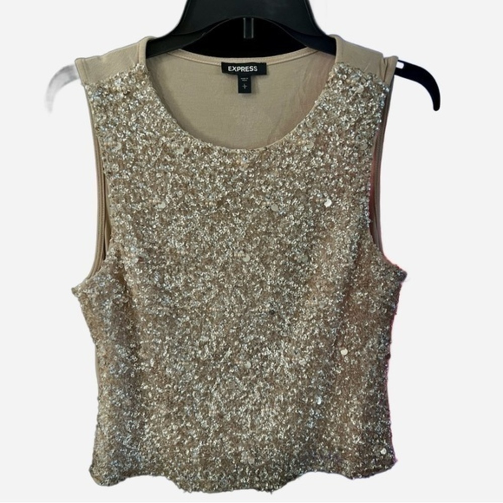 EXPRESS Women Sequin Sleeveless Stretch Fitted Beige Tank Knit Top. Size large